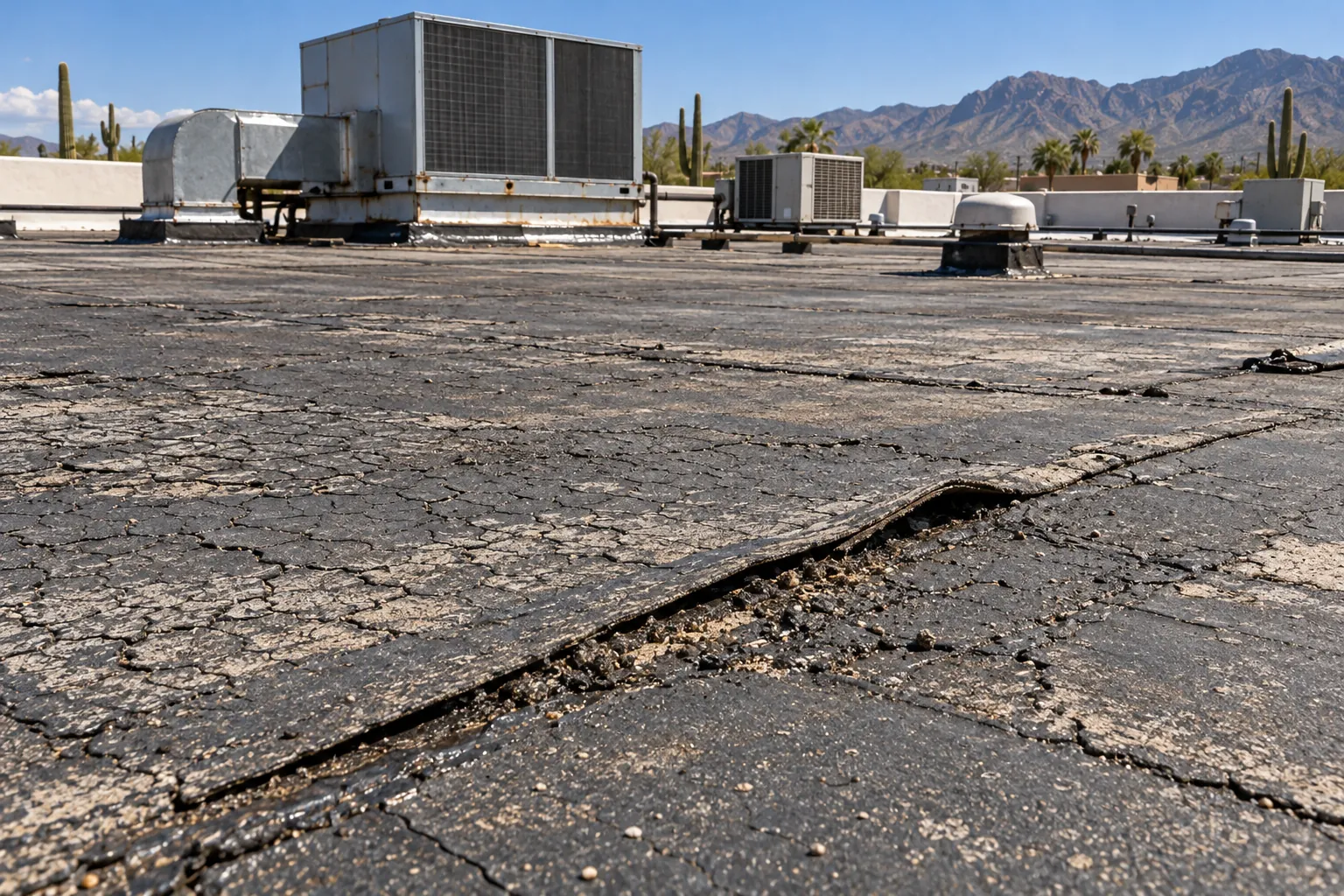 Cracked and split built-up flat roof seam on a Tucson commercial building