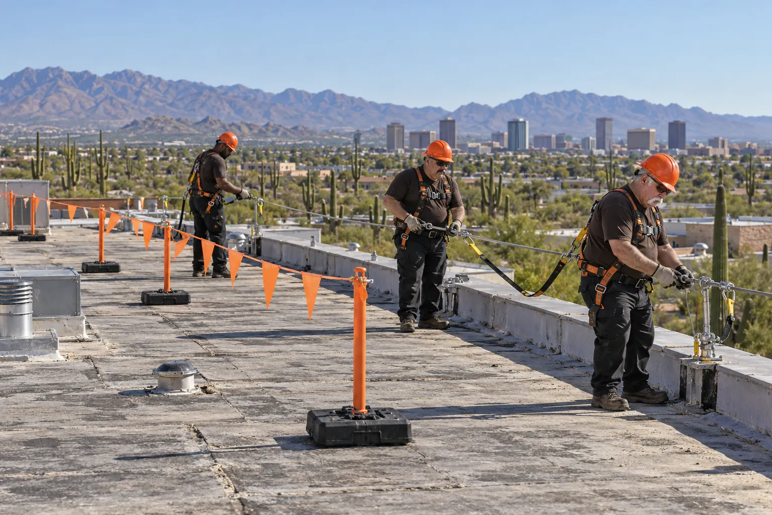 Crew working behind a roof-edge safety line on a Tucson flat roof