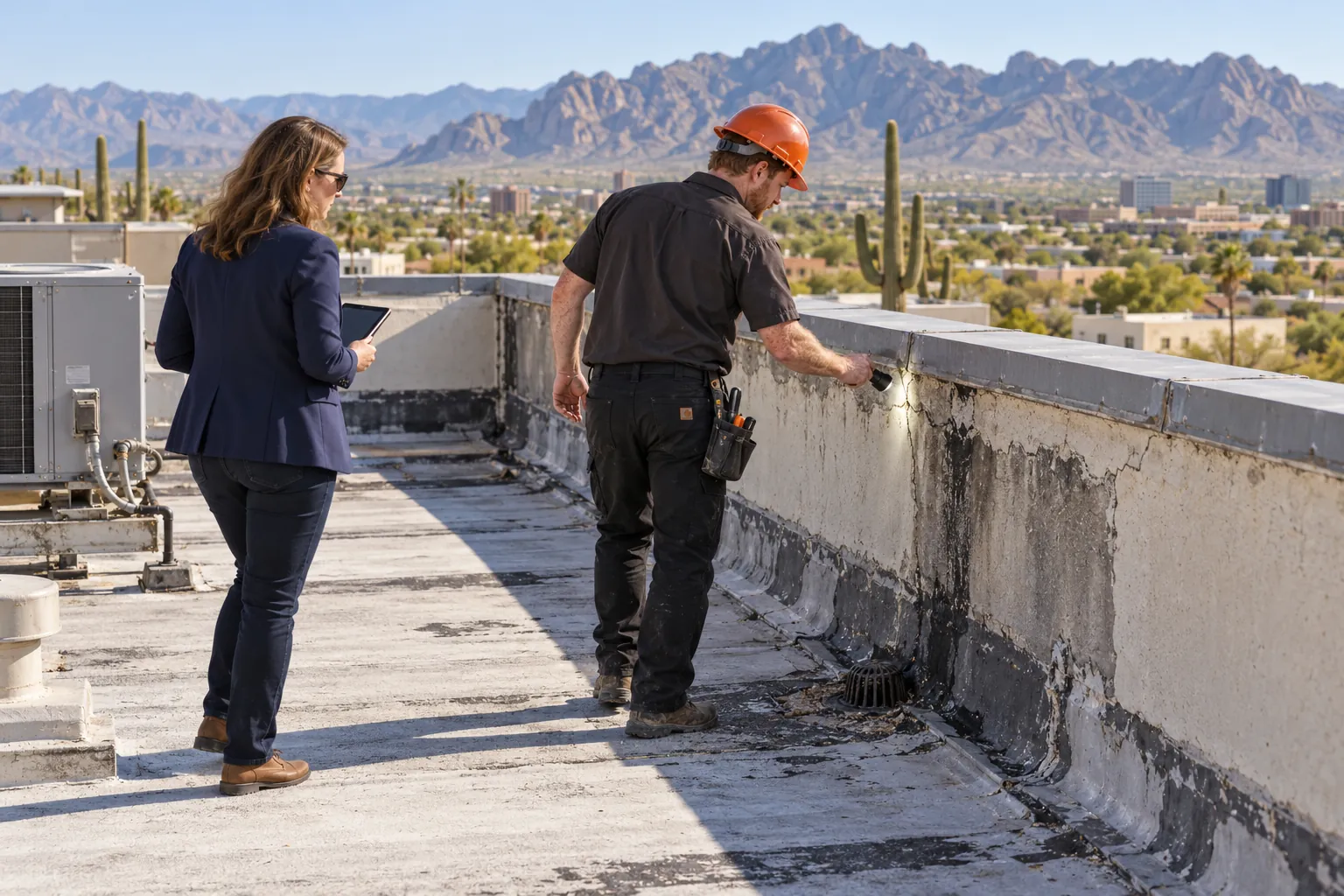 Roofer tracing a leak along a parapet wall while a manager takes notes