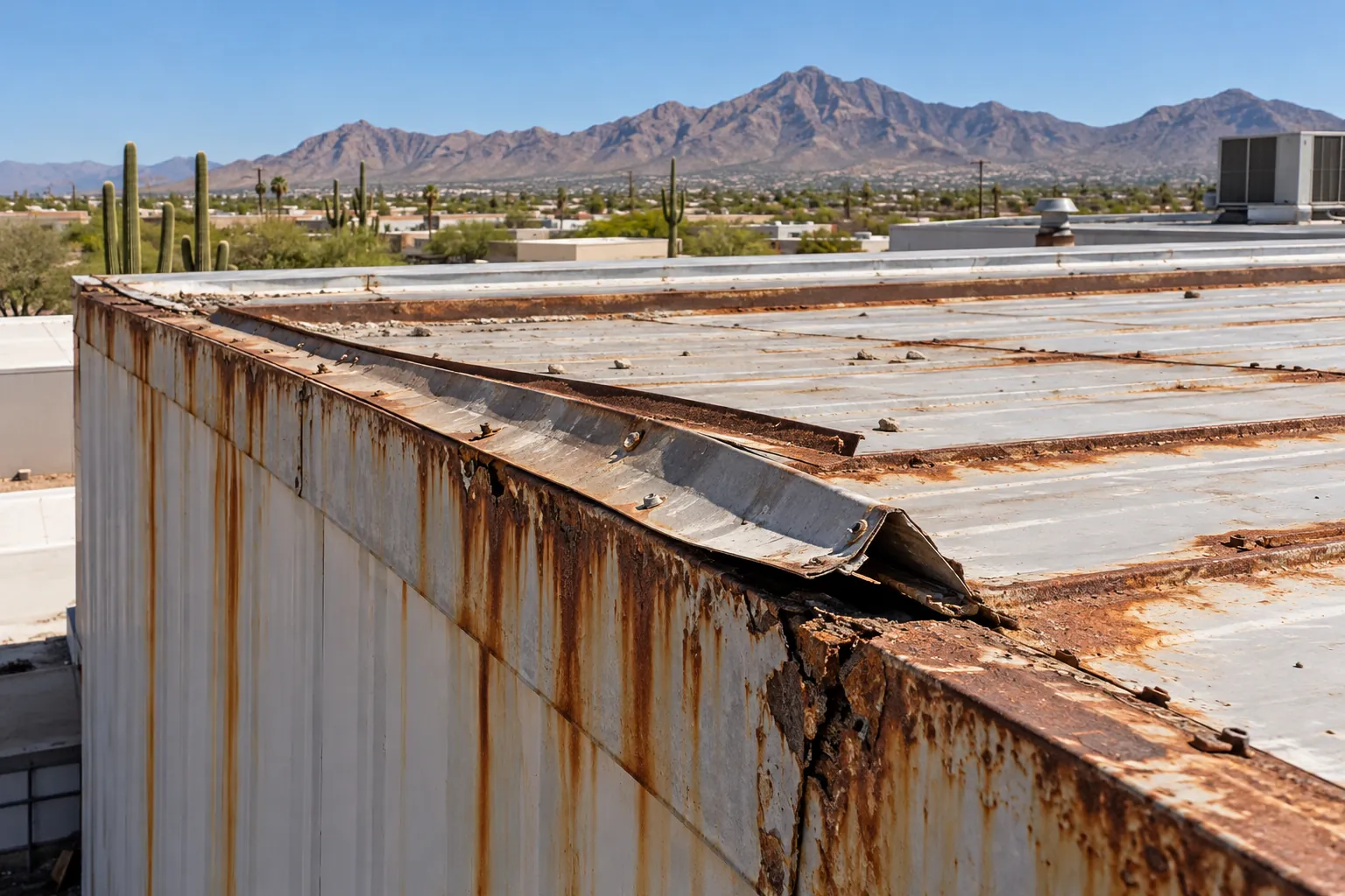 Rusted metal roof edge with a lifted panel on a Tucson warehouse
